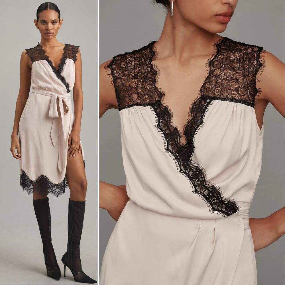 BY ANTHROPOLOGIE Sleeveless V-Neck Lace Wrap Midi Dress Blush Pink Black Med NEW